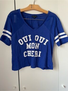 Mascara Royal Blue V-Neck Crop Tee with White Varsity Text